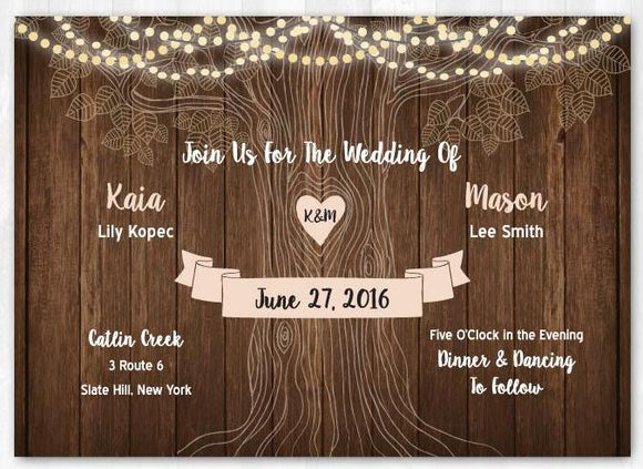 Rustic Tree Wedding Invitation, String Lights Wedding Invitation